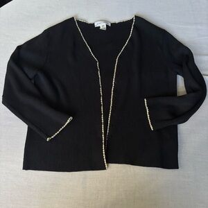 Jones Wear Silk Blend Black Ribbed Cardigan XL Open Front Trim Detail